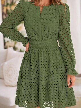 Classy Green Eyelet Long Sleeve Dress
